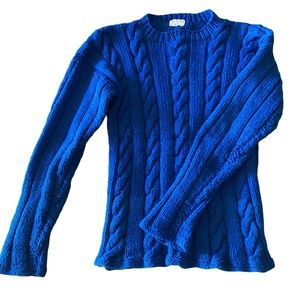 Blue Handknit 100% Wool Cable Knit Sweater